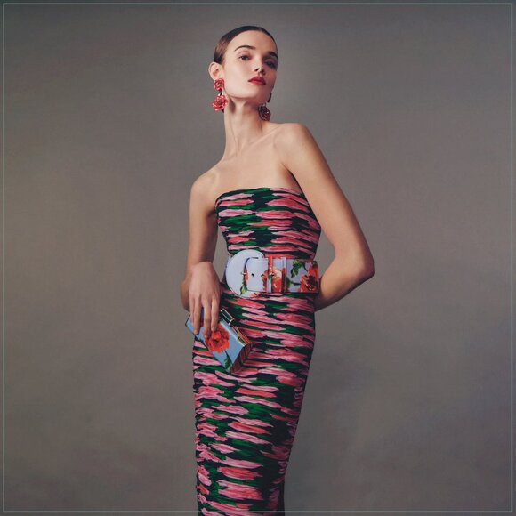 $3990 Carolina Herrera Gathered Floral Silk Strapless Runway Midi Dress - Picture 1 of 12